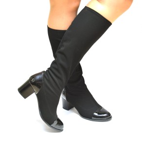 Botki streczowe z lakierem na obcasie 6 cm 